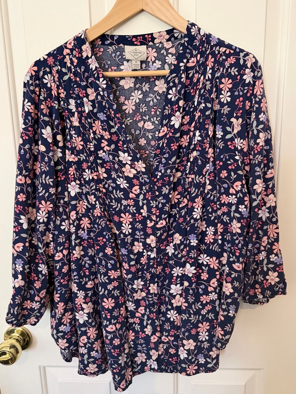 St. John's Bay Navy Floral V-Neck Blouse with Pink & White Blooms